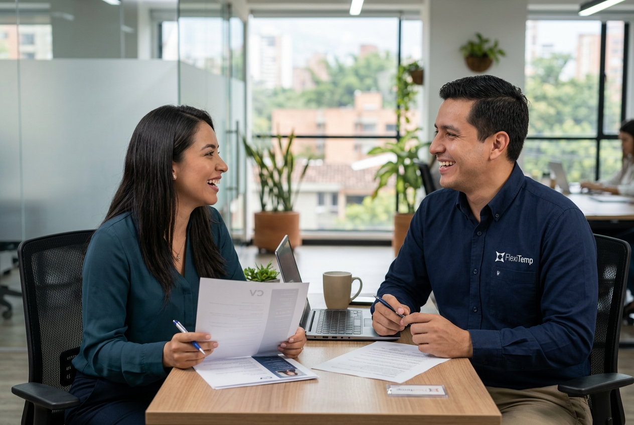 Asesora comercial revisando una propuesta con un cliente
